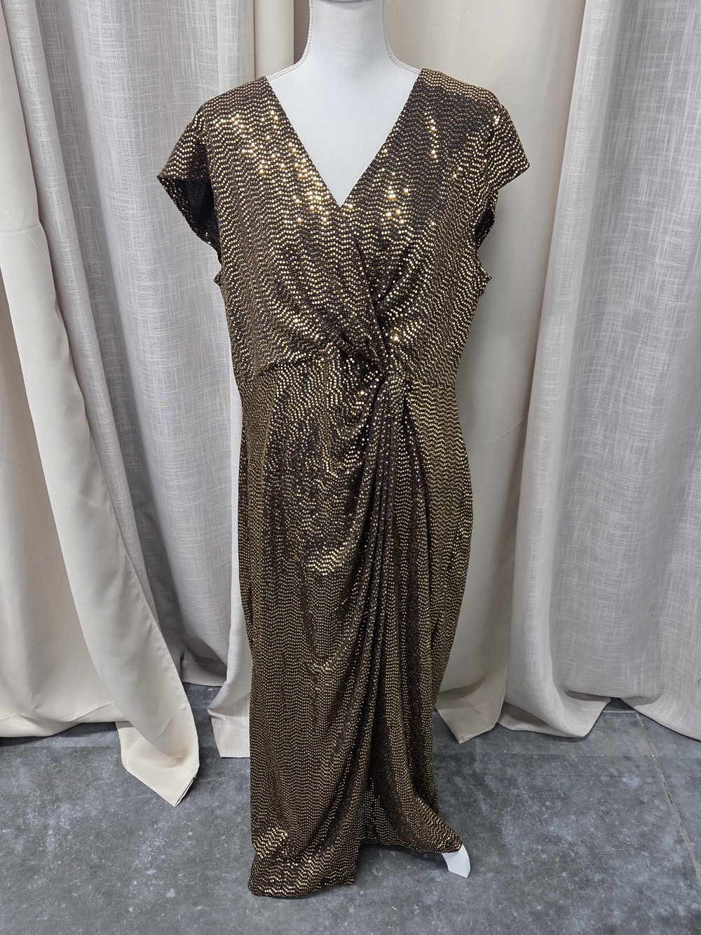 Gold Sequin Maxi Dress Faux Wrap Skirt 18W Opulent Regal Holidays Cocktail Party